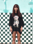 D5ove Sad Bear Graphic Half Sleeve T Shirt in Black - On Female Model