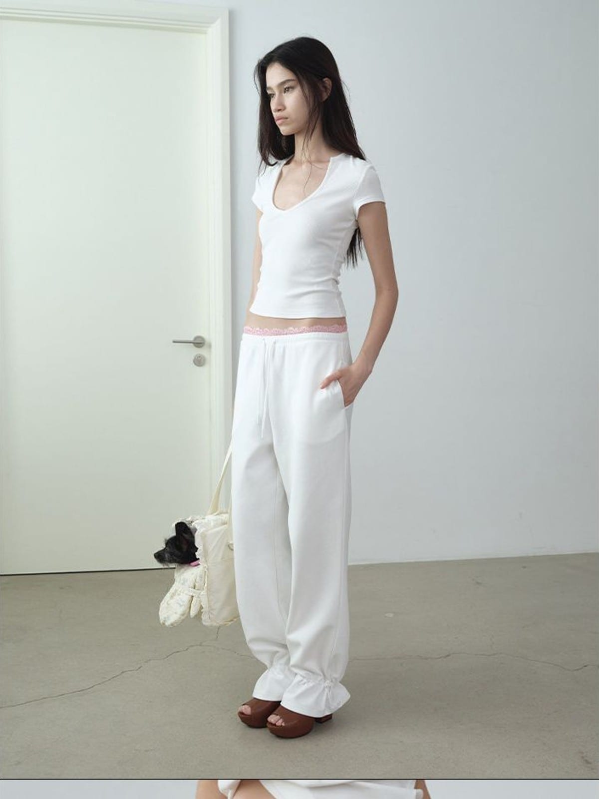 RARELY ALIKE Lace Waistband Adjustable Joggers in White - On Female Model