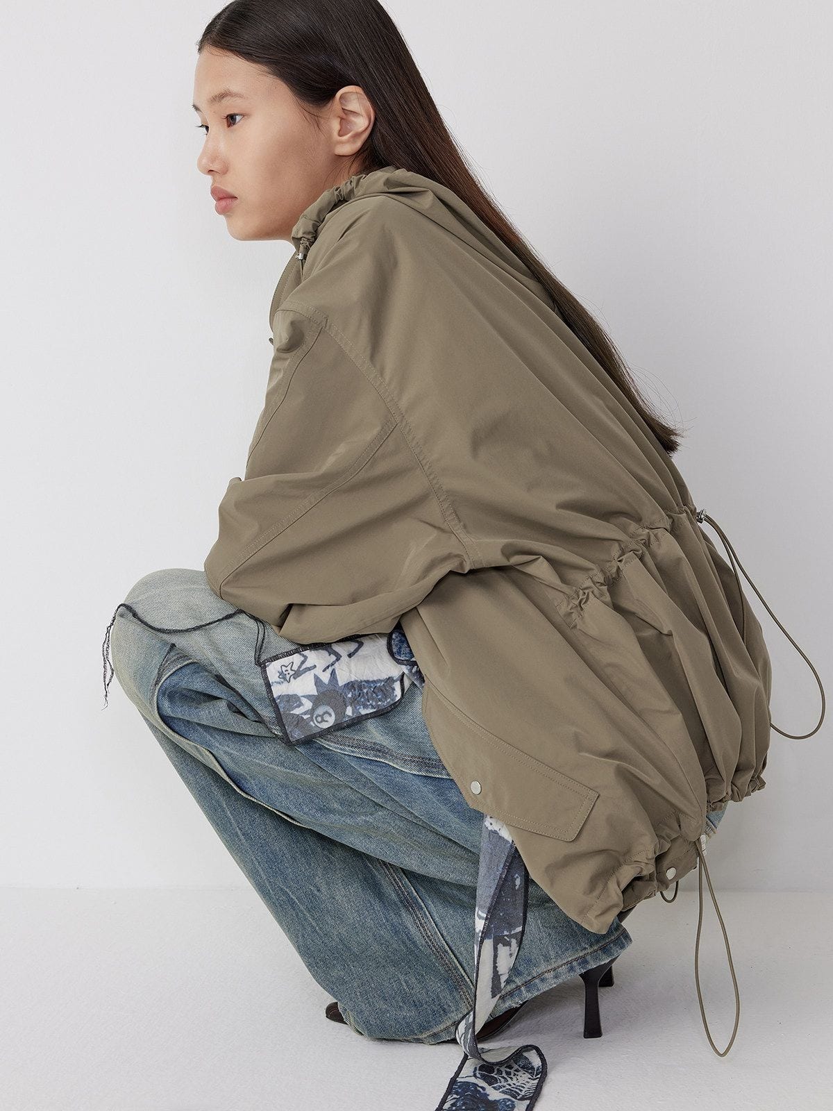 Random Piece Triacetate Blend Jacket With Stowable Hood in Beige - On Female Model