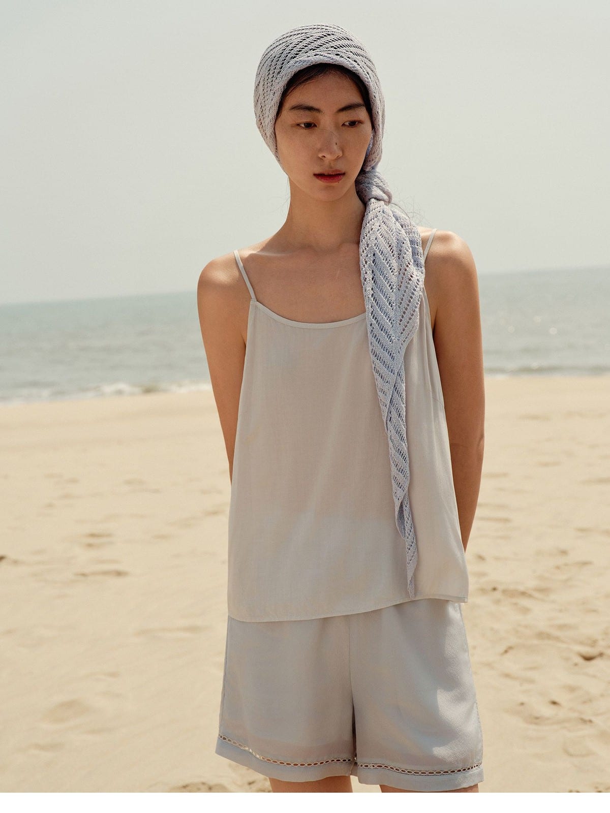 TEASEL Silk Blend Shirt Shorts Set in Sky Blue - On Female Model