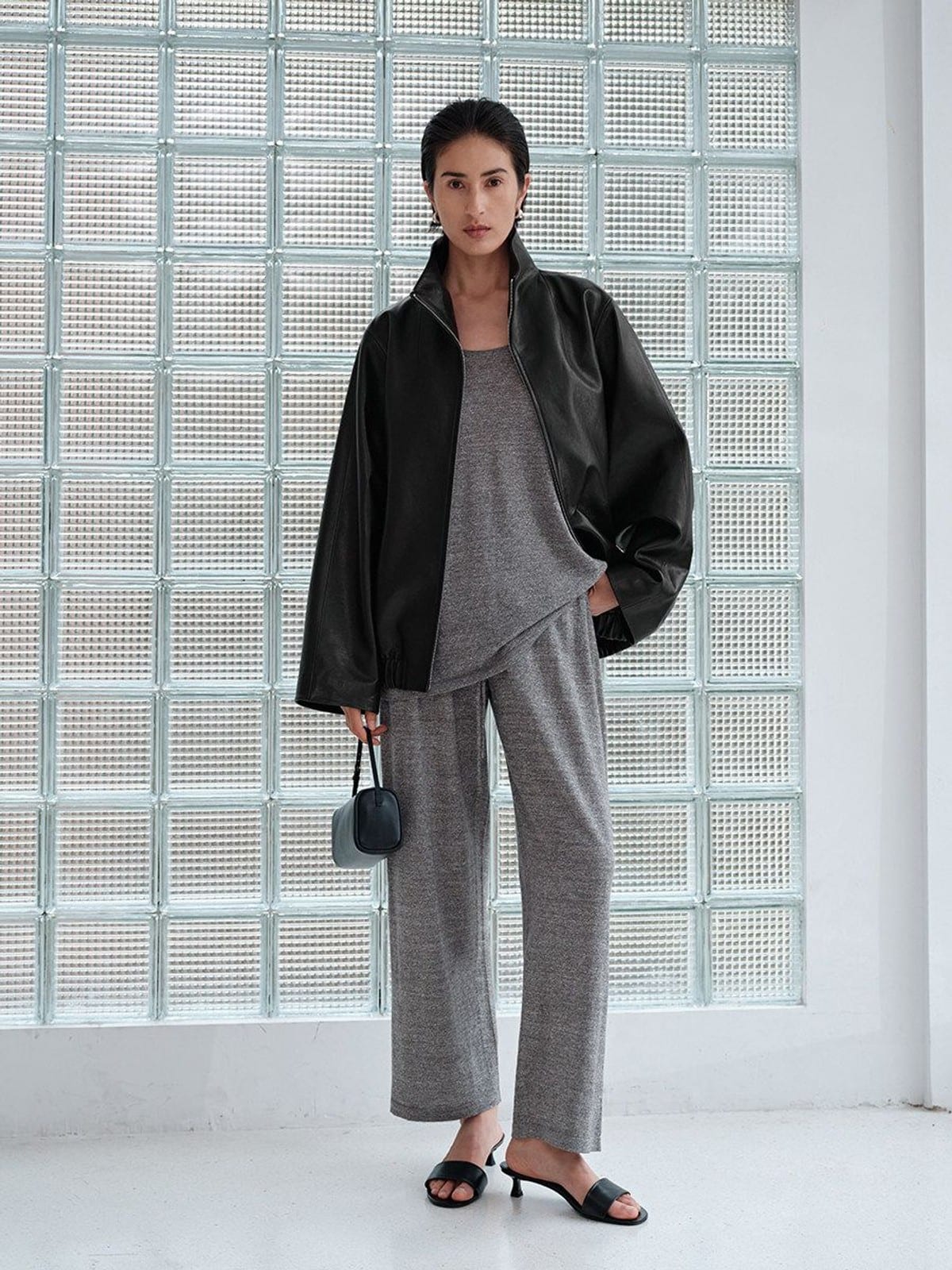 MSBEAST Wool Linen Top Cropped Pants Set in Gray - On Female Model