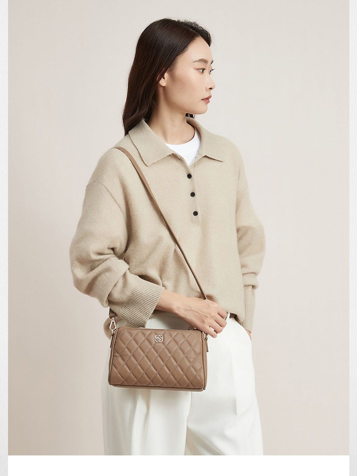 HONGU Quilted Leather Chain Crossbody Bag in Taupe - On Female Model