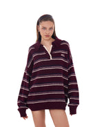 SweetChilling Striped Lambswool Blend Polo Sweater in Red - On Female Model