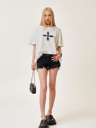 SMFK Cross Graphic Cotton T Shirt in White - On Female Model