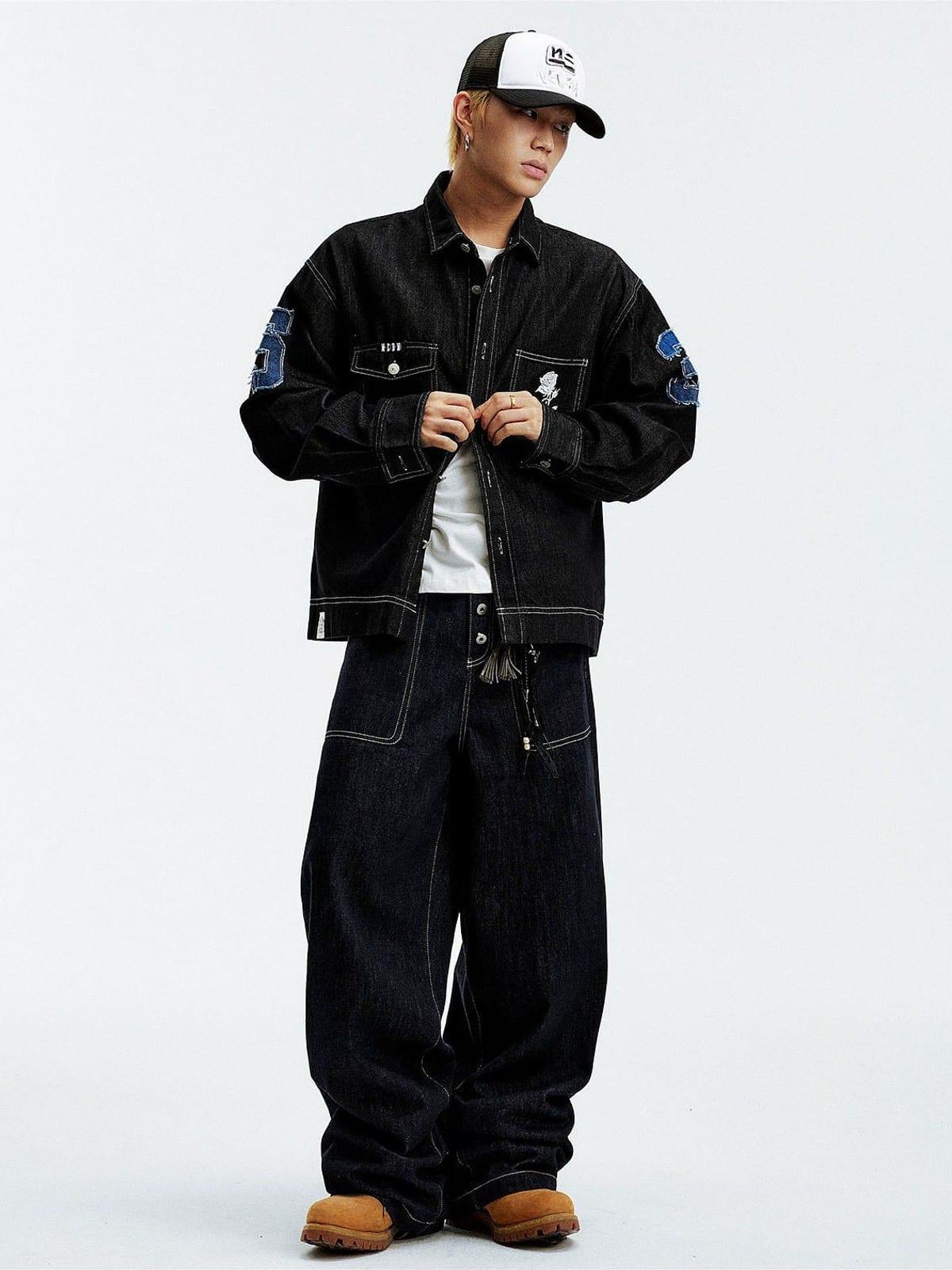MEDM Lyocell Blend Logo Patch Denim Jacket in Denim - On Male Model