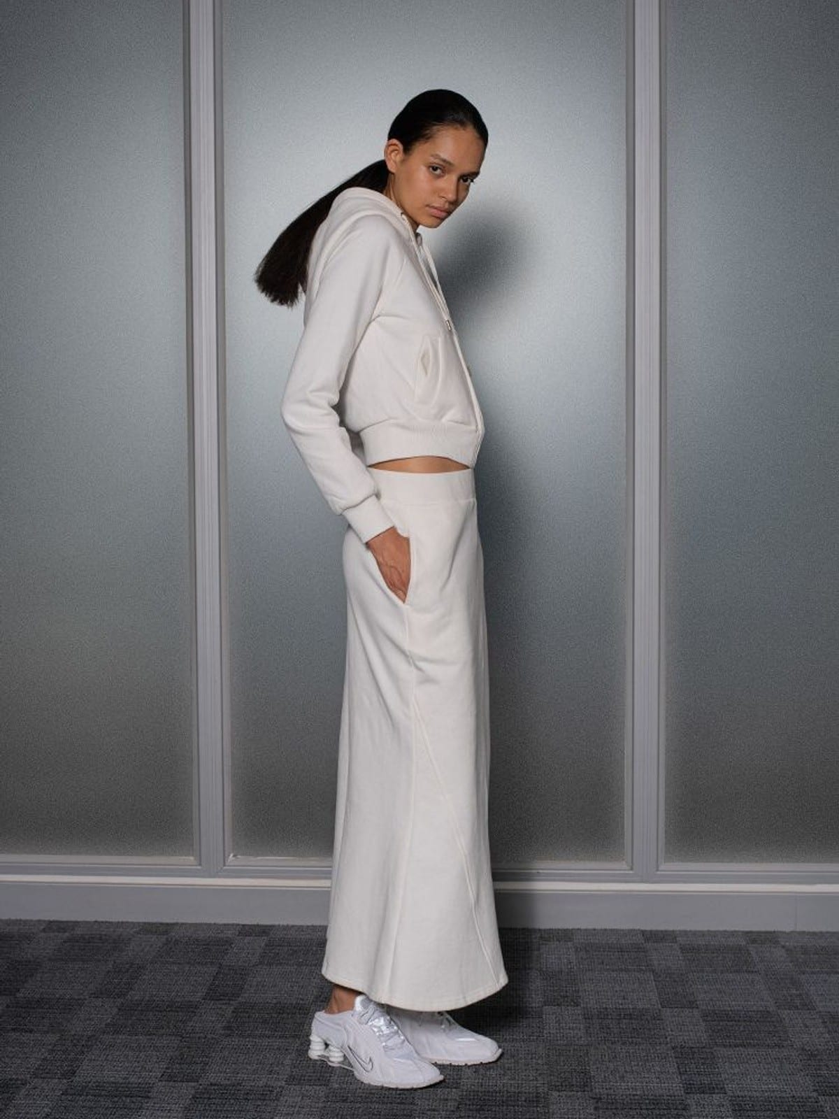RARELY ALIKE Cotton Hoodie Fishtail Skirt Set in White - On Female Model