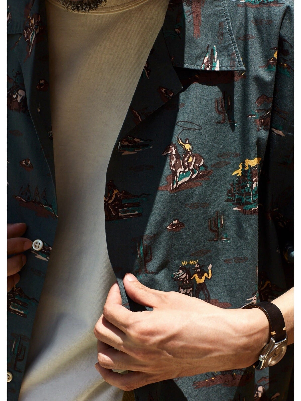 USAGE Cowboy Print Cotton Hawaiian Shirt in Teal - On Male Model
