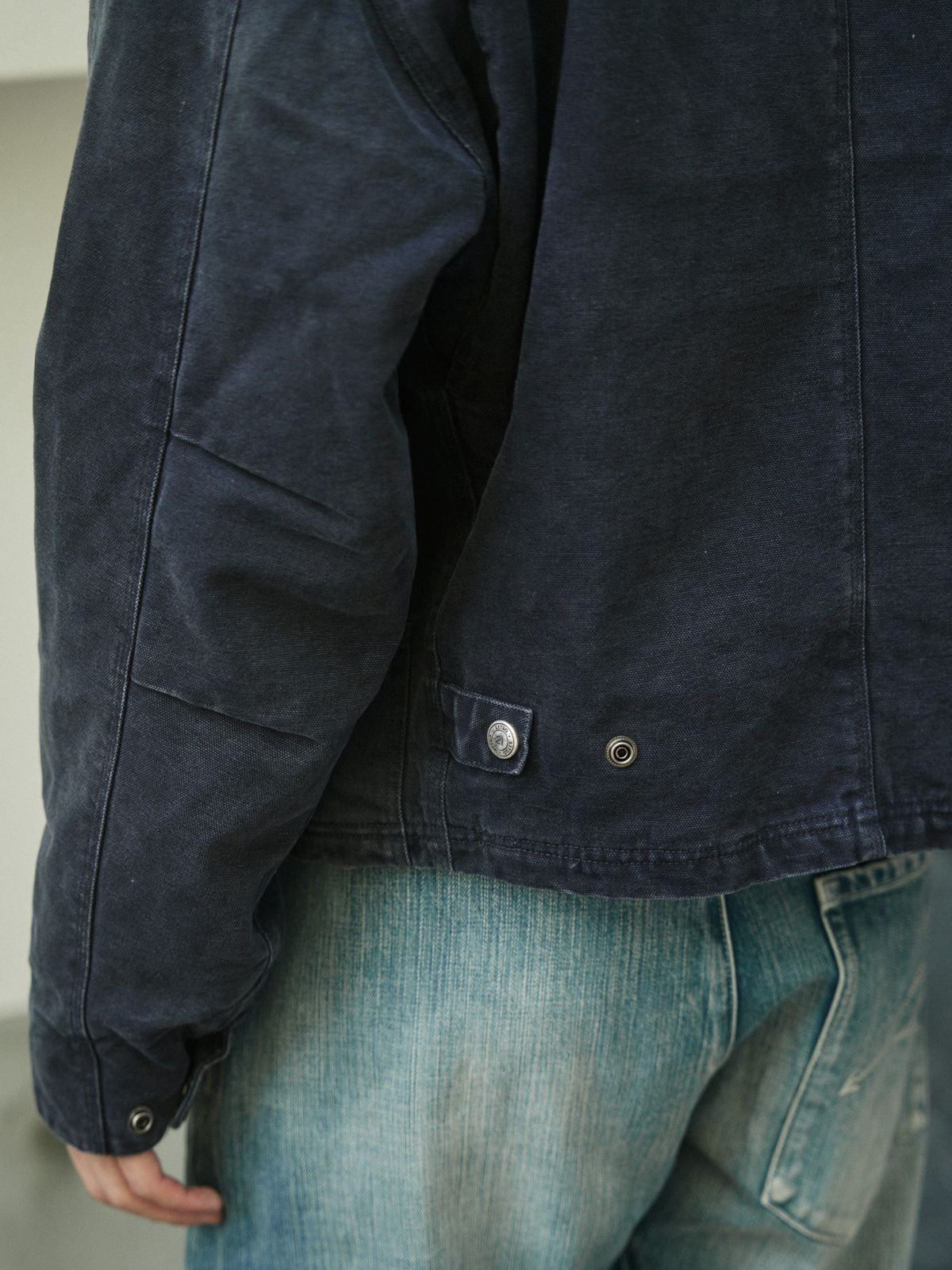 Retro 21 Washed Cotton Padded Work Jacket in Navy Blue - Detail