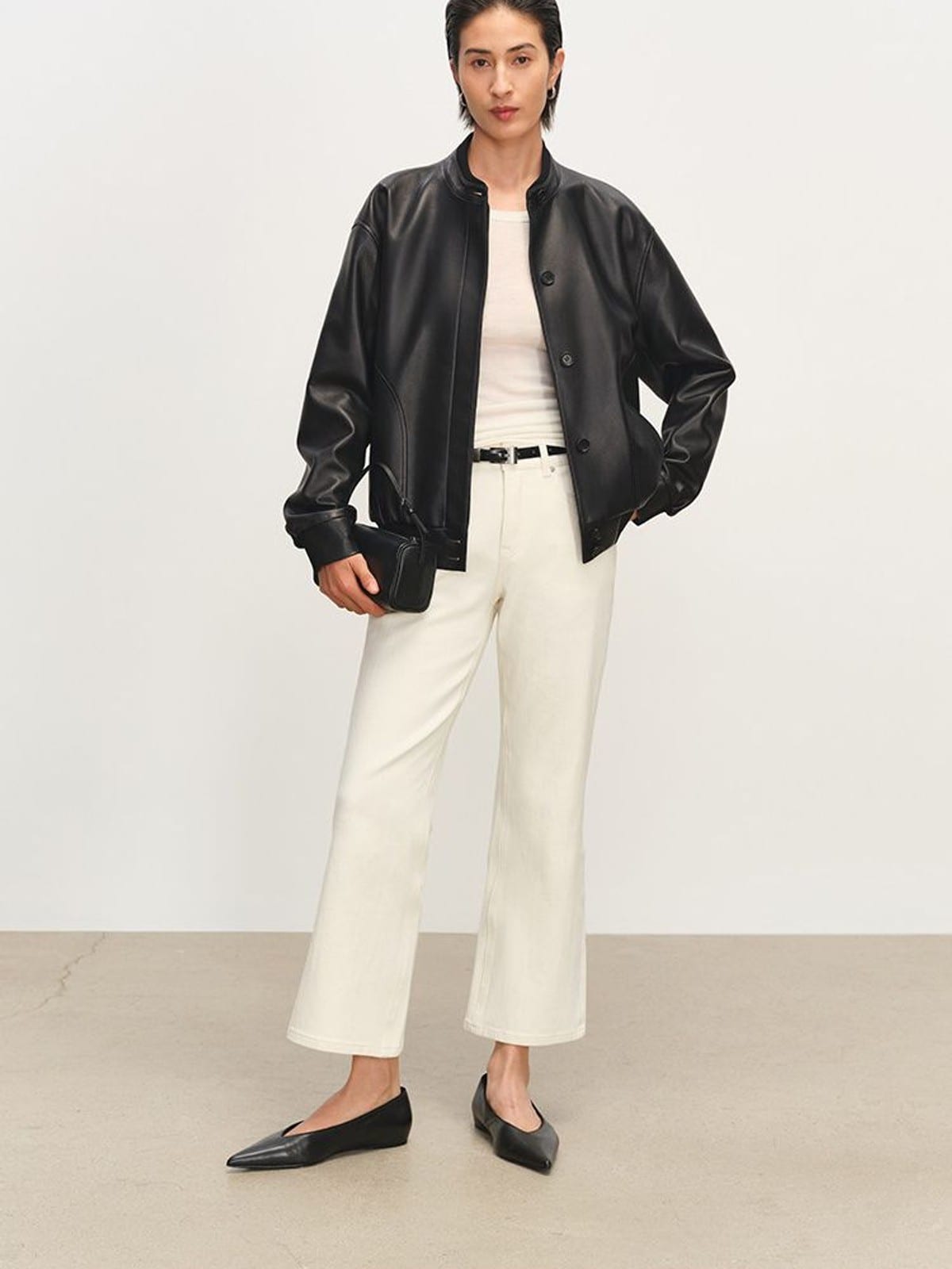 MSBEAST Sheepskin Leather Bomber Jacket in Black - On Female Model