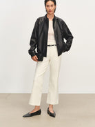 MSBEAST Sheepskin Leather Bomber Jacket in Black - On Female Model