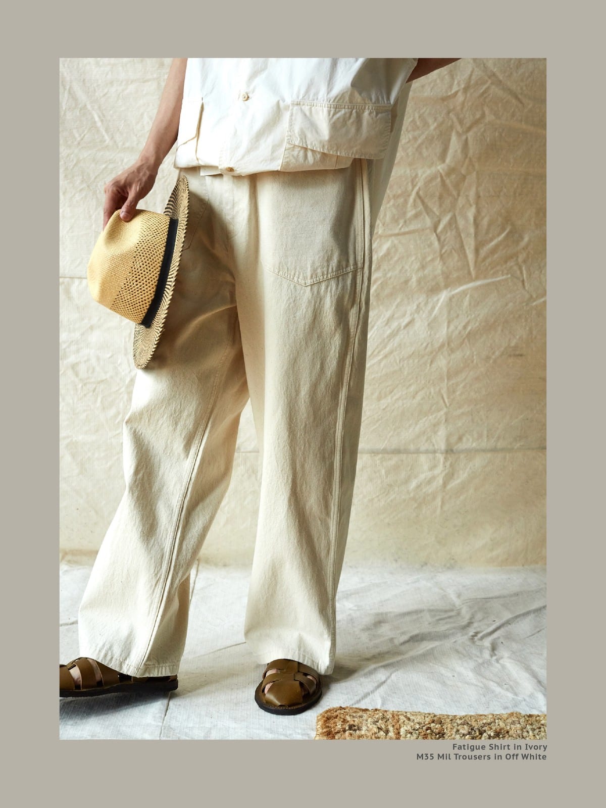 USAGE Vintage Neppy Cotton Straight Leg Jeans in Cream - On Male Model
