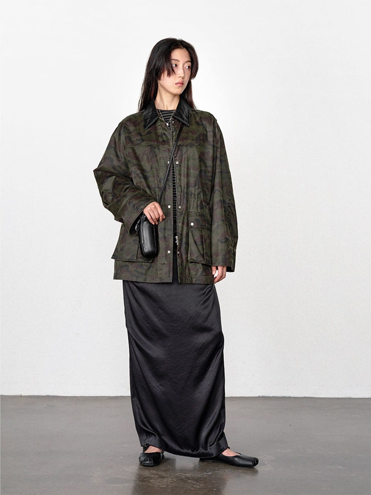 Random Piece Matte Coated Utility Jacket in Army Green - On Female Model