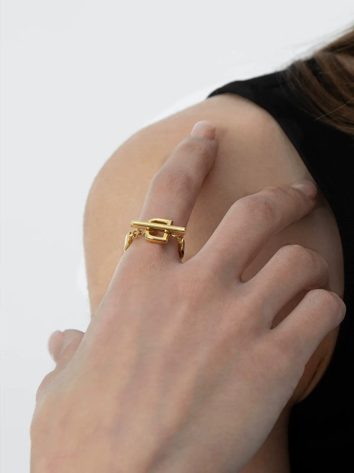 BLACKHEAD Structural Letter B Ring in Yellow - On Female Model
