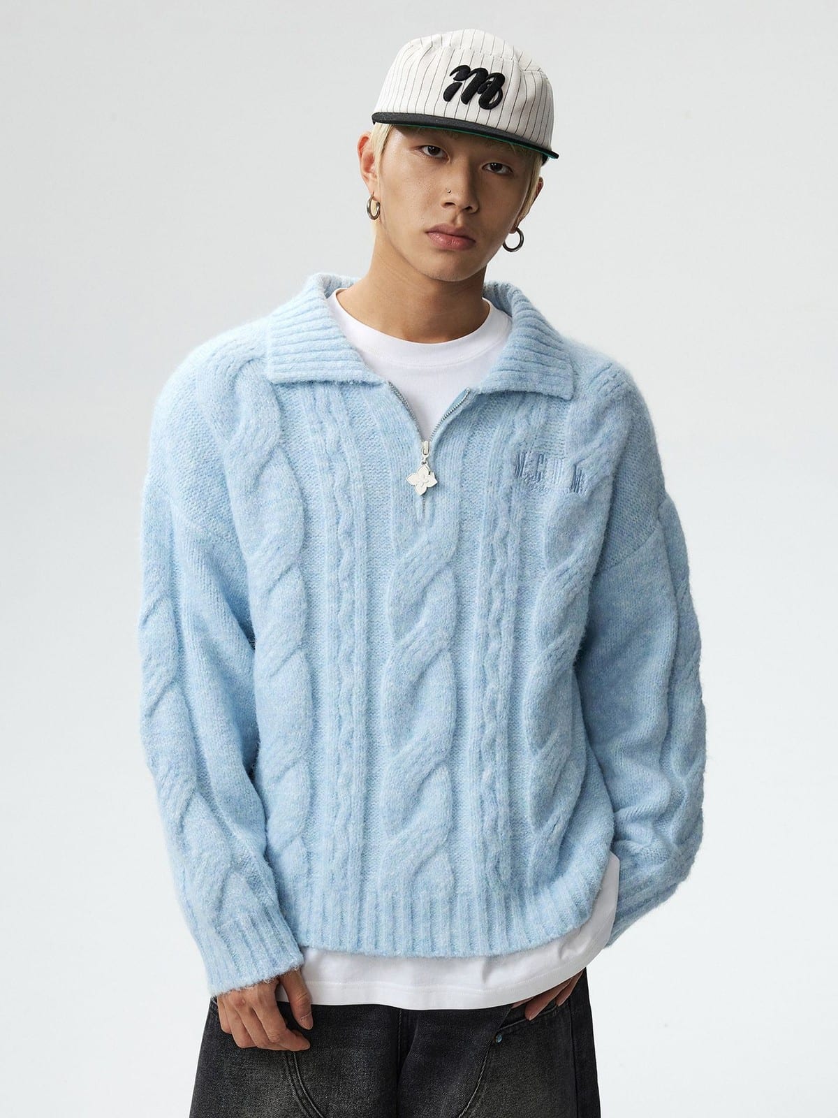 MEDM Cable Knit Quarter Zip Sweater in Sky Blue - On Male Model