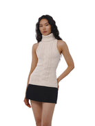 SweetChilling Paneled Cable Knit Turtleneck Dress in White - On Female Model