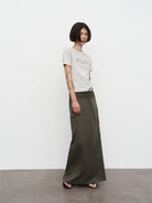 Random Piece Contrast Print Lace Trim T Shirt in Gray - On Female Model