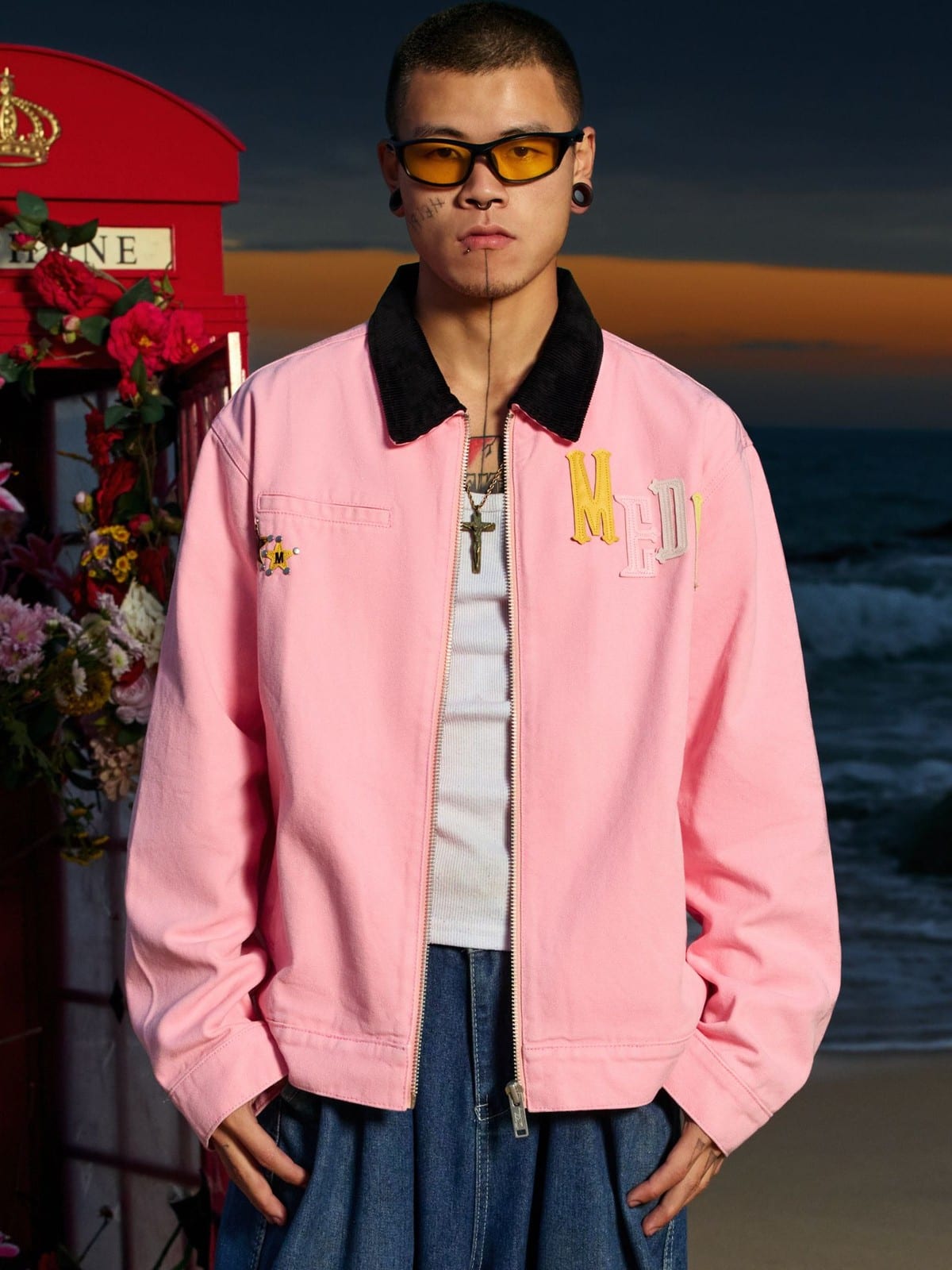 MEDM Leather Paneled Cotton Detroit Jacket in Pink - On Male Model