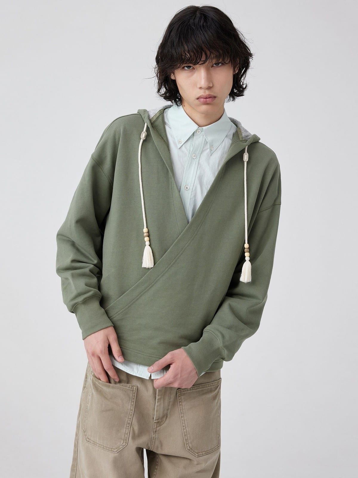 SIMPLE PROJECT Overlapping Slant Placket Hoodie in Olive - On Male Model