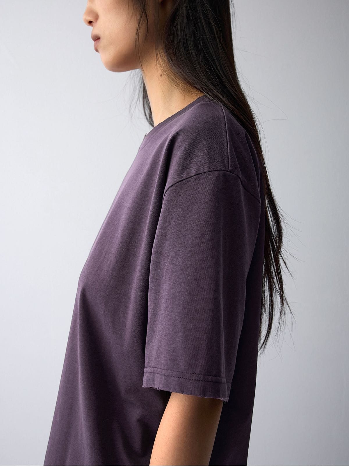 Random Piece Distressed Cotton Blend T Shirt in Purple - On Female Model