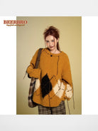 BeerBro Distressed Fuzzy Argyle Sweater in Mustard - On Female Model