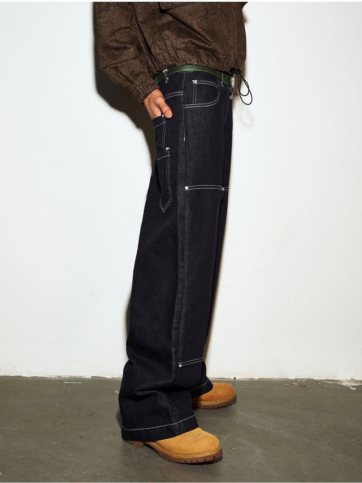 MEDM Contrast Stitch Denim Cargo Jeans in Navy Blue - On Model