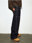 MEDM Contrast Stitch Denim Cargo Jeans in Navy Blue - On Model