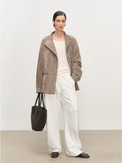MSBEAST Drawstring Sheep Leather Jacket in Taupe - On Female Model