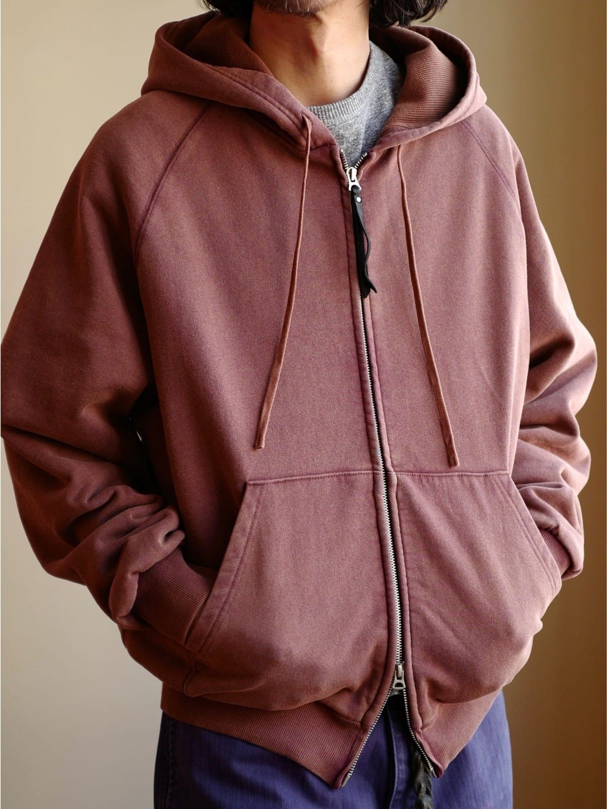 USAGE Vintage Washed Double Layer Zip Hoodie in Burgundy - On Male Model