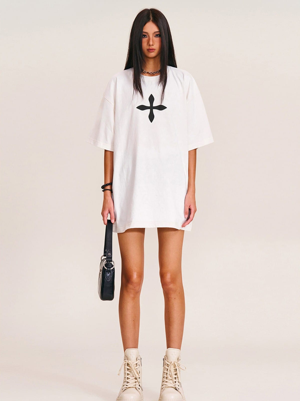 SMFK Cross Graphic 100 Cotton T Shirt in White - On Female Model