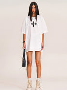 SMFK Cross Graphic 100 Cotton T Shirt in White - On Female Model