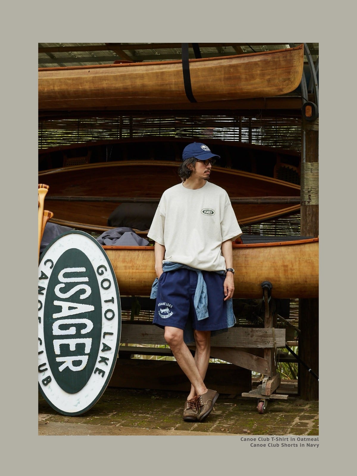 USAGE Canoe Club Graphic Cotton T Shirt in Beige - On Male Model
