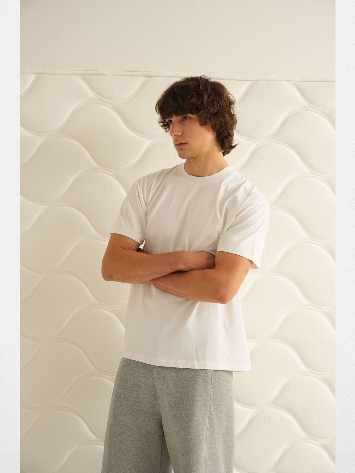Retro21 Tubular Knit Brushed Cotton T Shirt in White - On Male Model