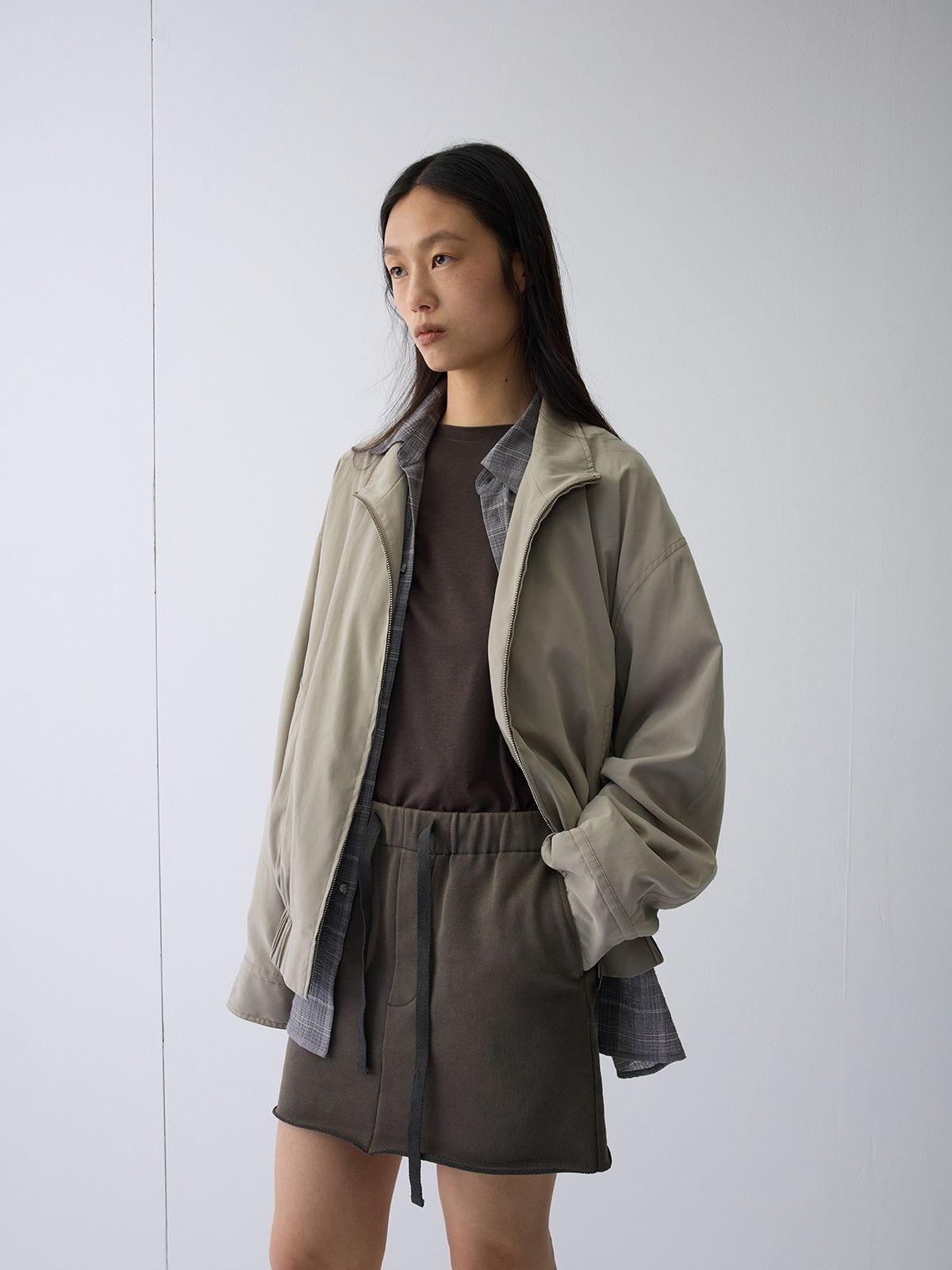 Random Piece Nylon Blend Zip Up Cropped Jacket in Khaki - On Female Model