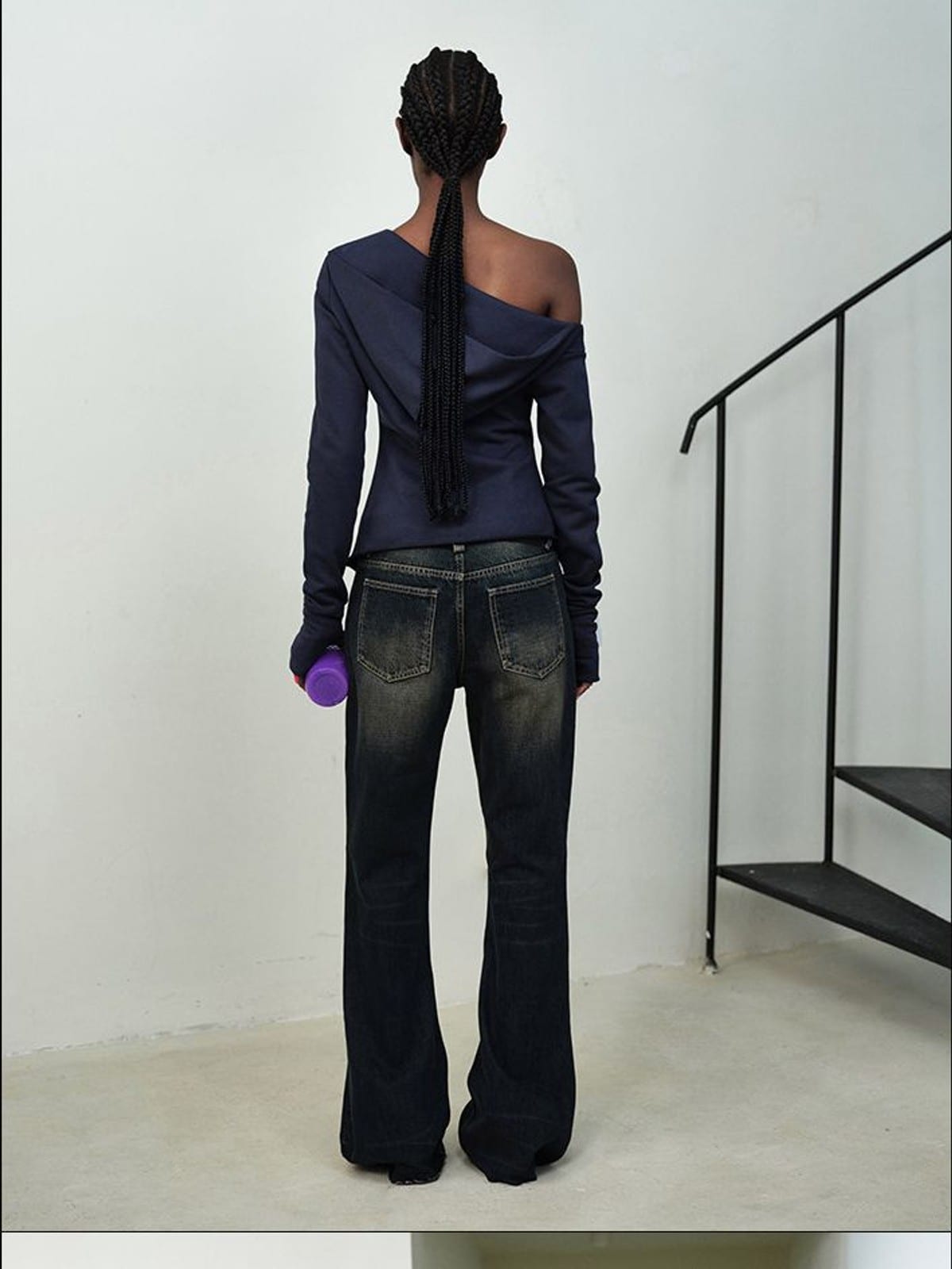 RARELY ALIKE Asymmetric Off Shoulder Sweatshirt in Navy Blue - On Female Model