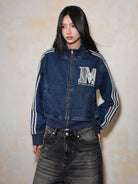 MEDM Lace Trim Stand Collar Denim Jacket in Denim - On Female Model