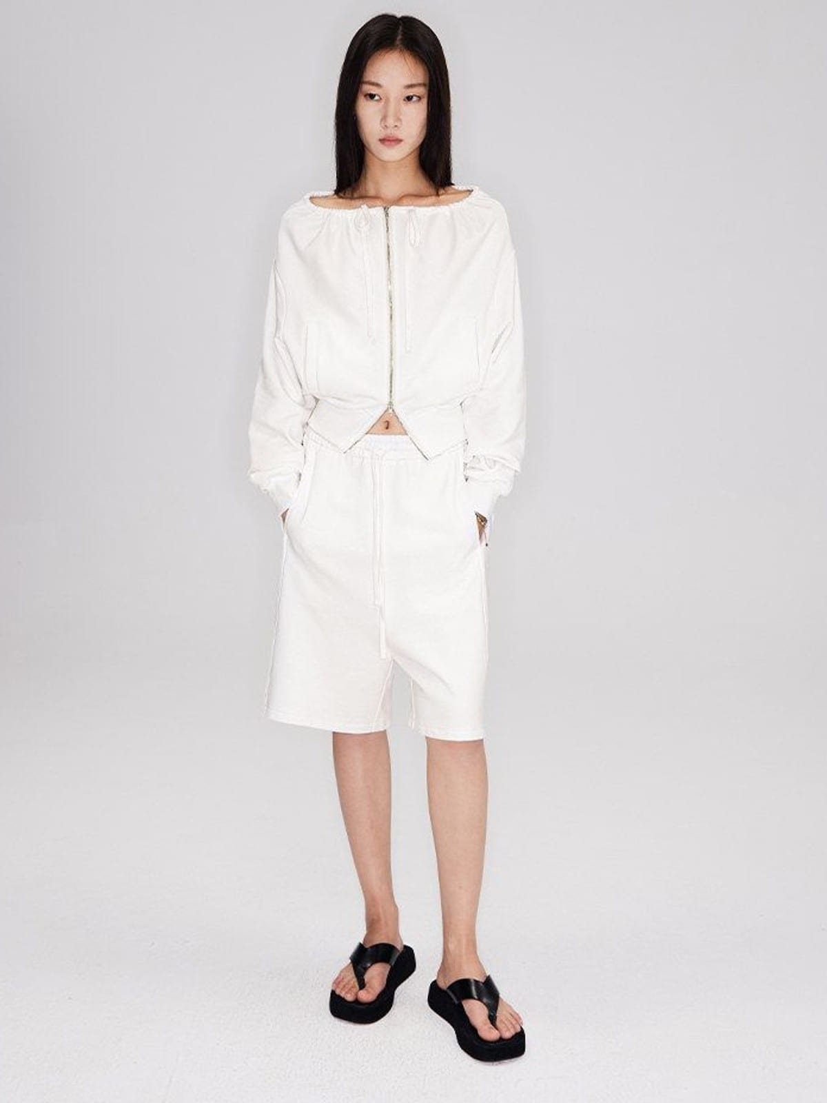 RARELY ALIKE Cotton Drawstring Sweat Shorts in White - On Female Model