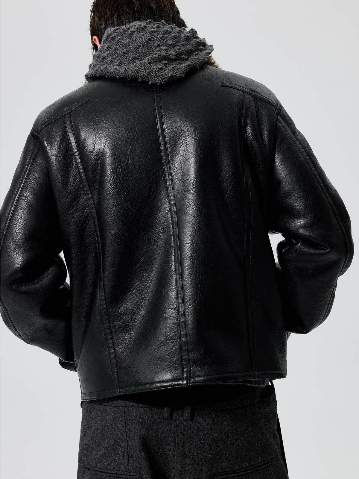 SIMPLE PROJECT Faux Leather Shearling Collar Jacket in Black - On Model