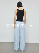 CEST M Striped Pima Cotton Shirt Pants Set in Sky Blue - On Female Model
