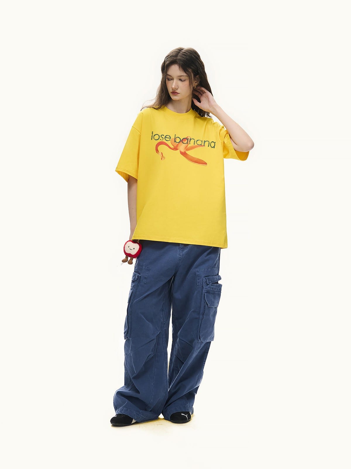 LOSTCTRL Distressed Banana Print Sorona T Shirt in Yellow - On Female Model