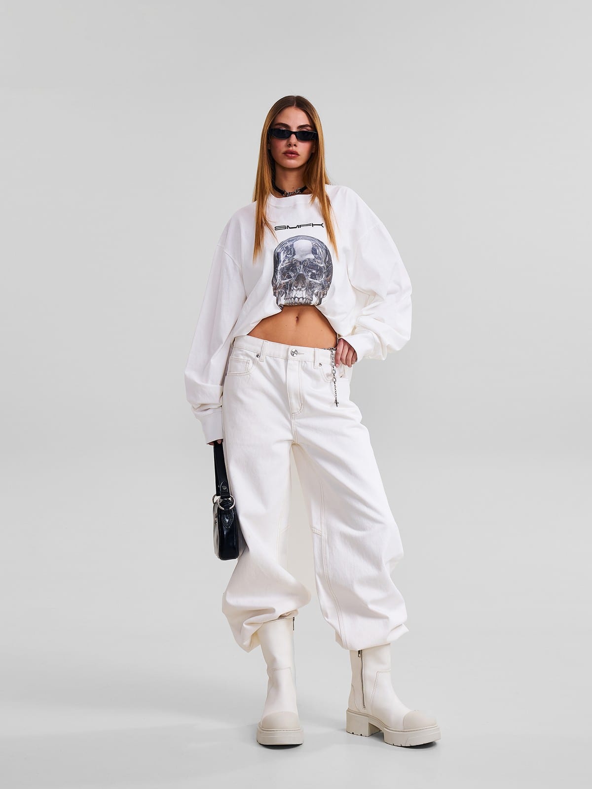 SMFK Skull Graphic Cotton Sweatshirt in White - On Female Model