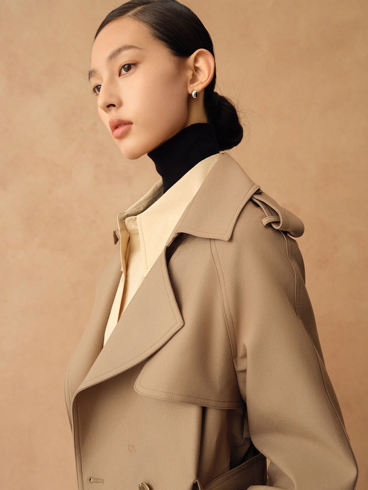 TEASEL Double Breasted Belted Trench Coat in Khaki - On Female Model