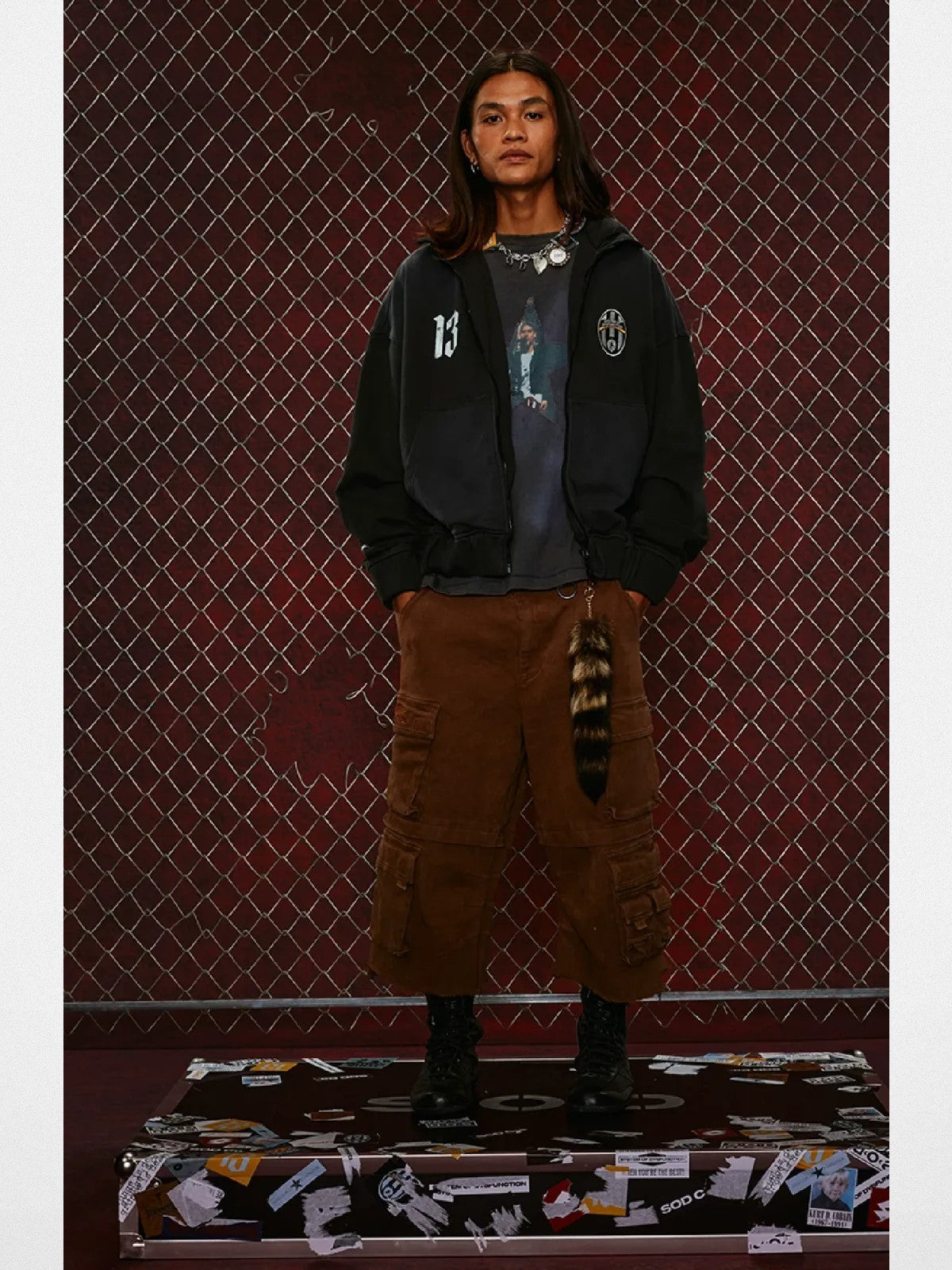 SOD Washed Layered Zip Up Hoodie in Black - On Male Model
