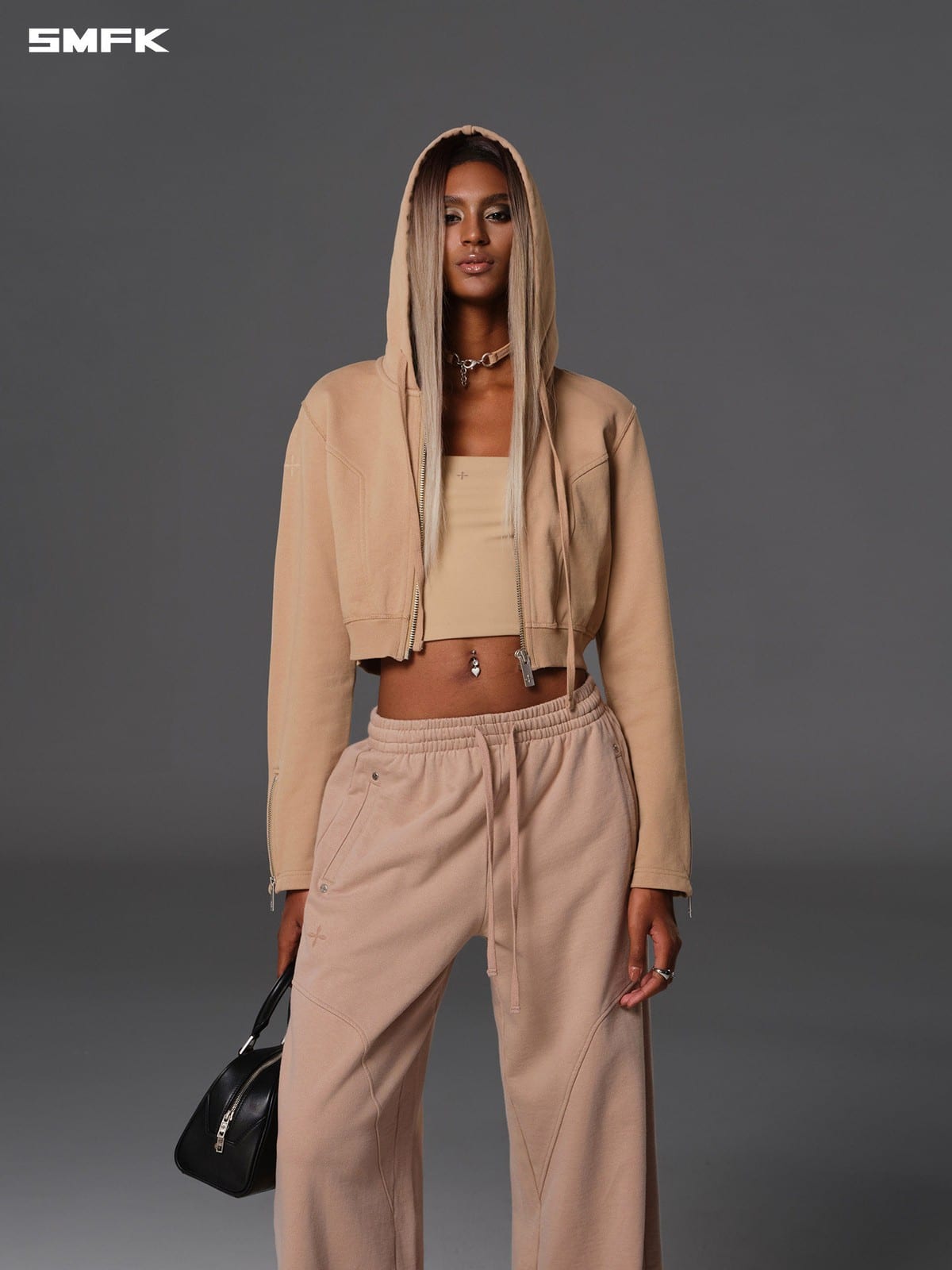 SMFK Cotton Wool Blend Cropped Zip Up Hoodie in Beige - On Female Model