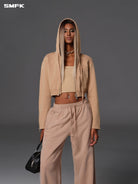SMFK Cotton Wool Blend Cropped Zip Up Hoodie in Beige - On Female Model