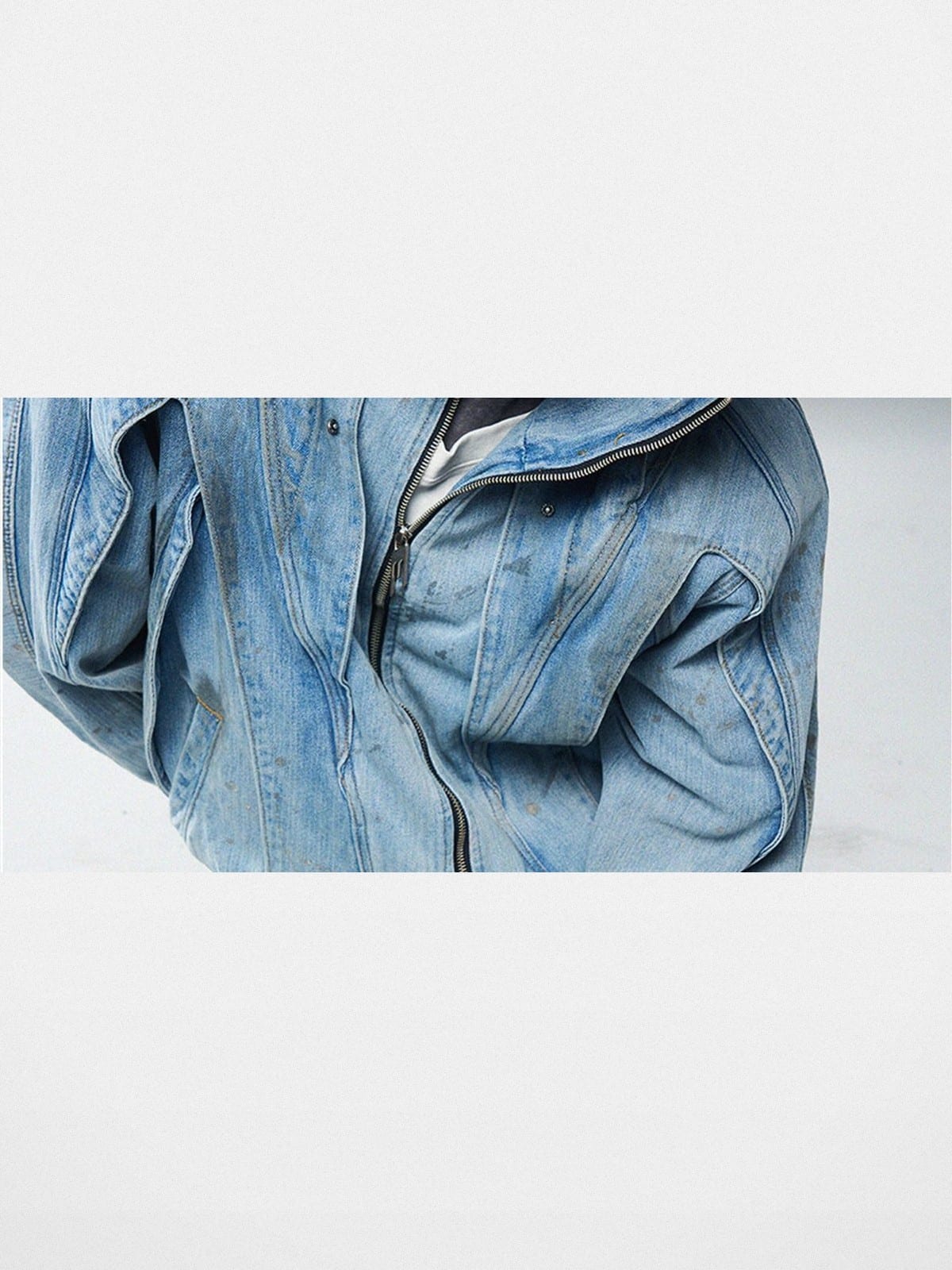 BLINDNOPLAN Mud Dyed Ink Splash Masked Hooded Jacket in Blue - On Model