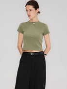 RARELY ALIKE Cropped Cotton Crew Neck T Shirt in Olive - On Female Model