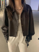 MSBEAST Cropped Sheepskin Leather Shirt Jacket in Brown - On Female Model