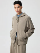 SIMPLE PROJECT Cotton Blend Zip Up Hoodie in Beige - On Male Model