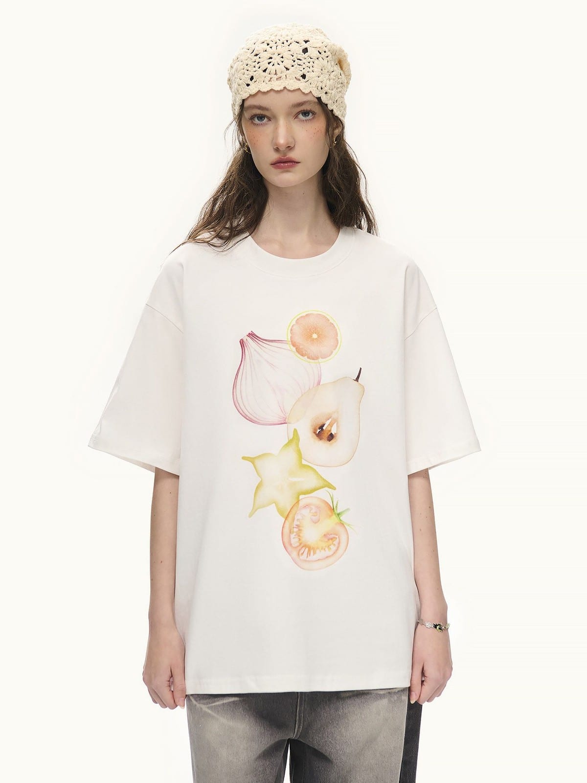 LOSTCTRL Fruit Veggie Print Cotton Blend T Shirt in White - On Female Model