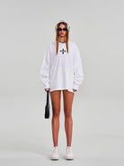 SMFK Oversized Cotton Long Sleeve Sweatshirt in White - On Female Model